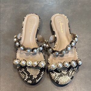 Black and Cream Snake Print Slide Sandals with Pearl Embellishments